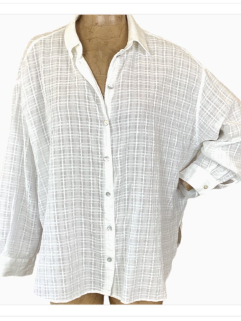Zara Womens Relaxed Textured Plaid Oversized Long Sleeve Shirt XL White #270F